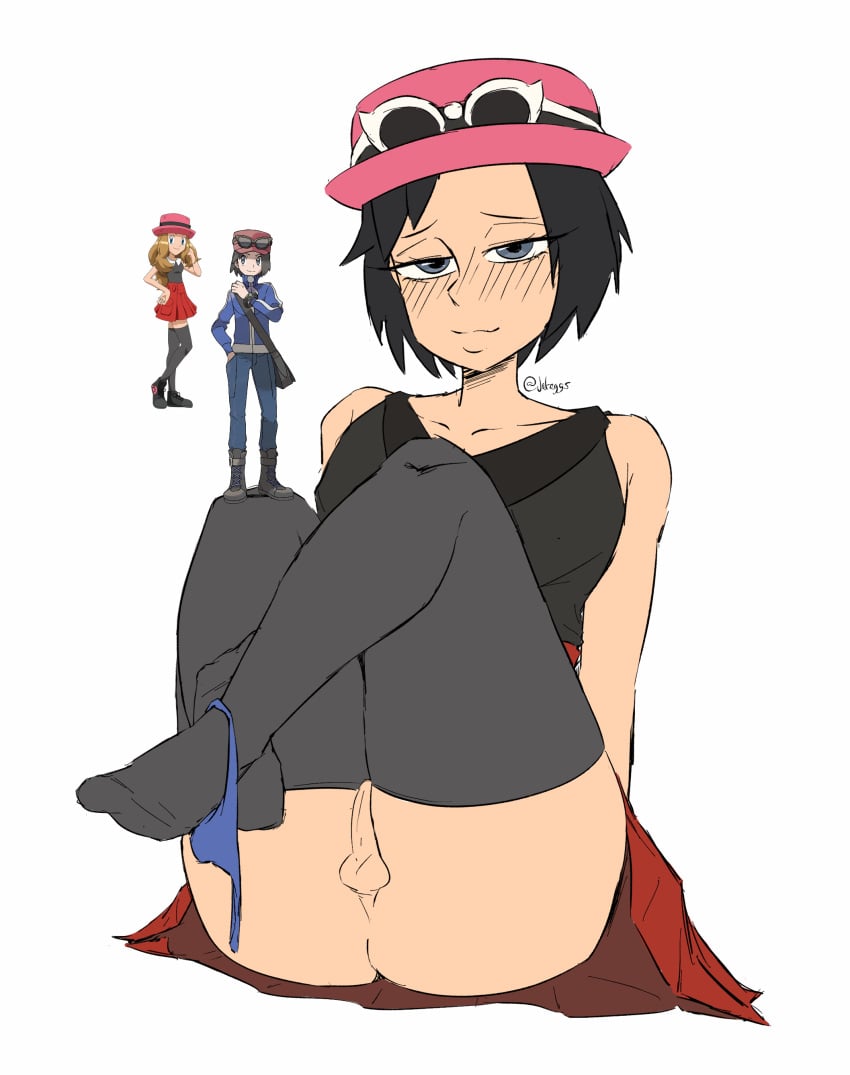 1boy calem_(pokemon) crossdressing erection femboy flat_colors glasses_on_head hat jeteggs legs legs_up panties panties_around_one_leg pokemon pokemon_trainer reference_image sitting skirt small_penis smile solo_femboy solo_male thick thick_ass thick_legs thick_thighs tiny_penis trainer/pokemon unfinished