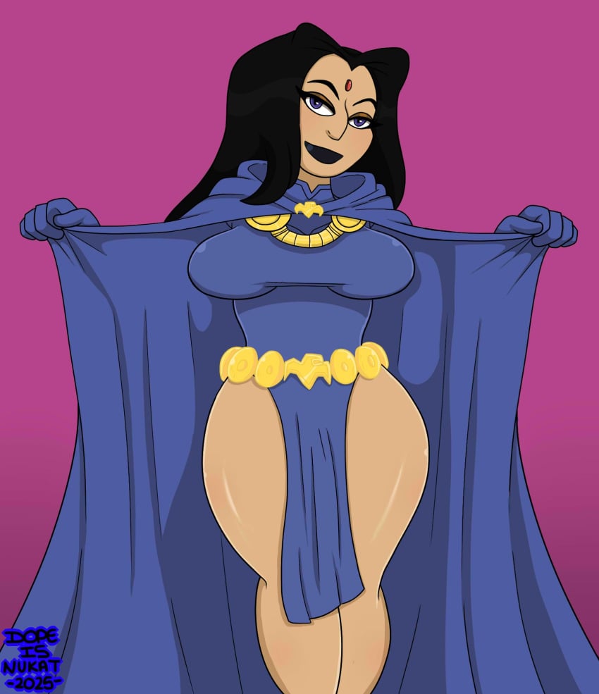 1girls black_hair black_lipstick cambion cloak dc dc_comics dopeisnukat forehead_jewel indian indian_female purple_eyes purple_robe rachel_roth raven_(dc) raven_(dc)_(classic) raven_(teen_titans) raven_darkholme sfw sfw_version superheroine waist_accessory