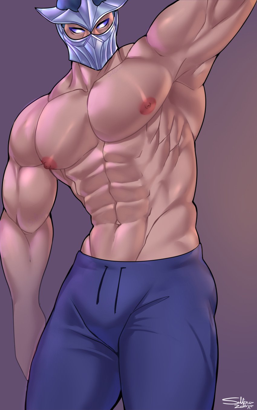 abs anime armpits bara league_of_legends pecs purple_eyes shen
