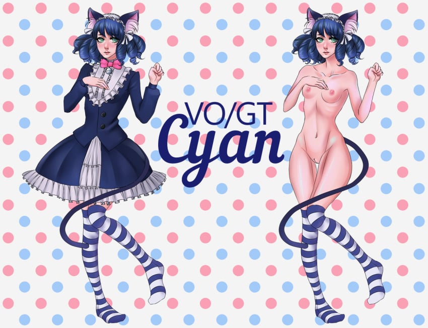 2015 animal_humanoid areola blue_hair bow breasts cat_humanoid clothed clothing cyan_(show_by_rock!!) cyan_hijirikawa dress feline female fur hair human humanoid leargini legwear long_hair looking_at_viewer mammal naked_stockings navel nipples nude polka_dots pussy show_by_rock!! simple_background socks solo stockings striped striped_legwear stripes text