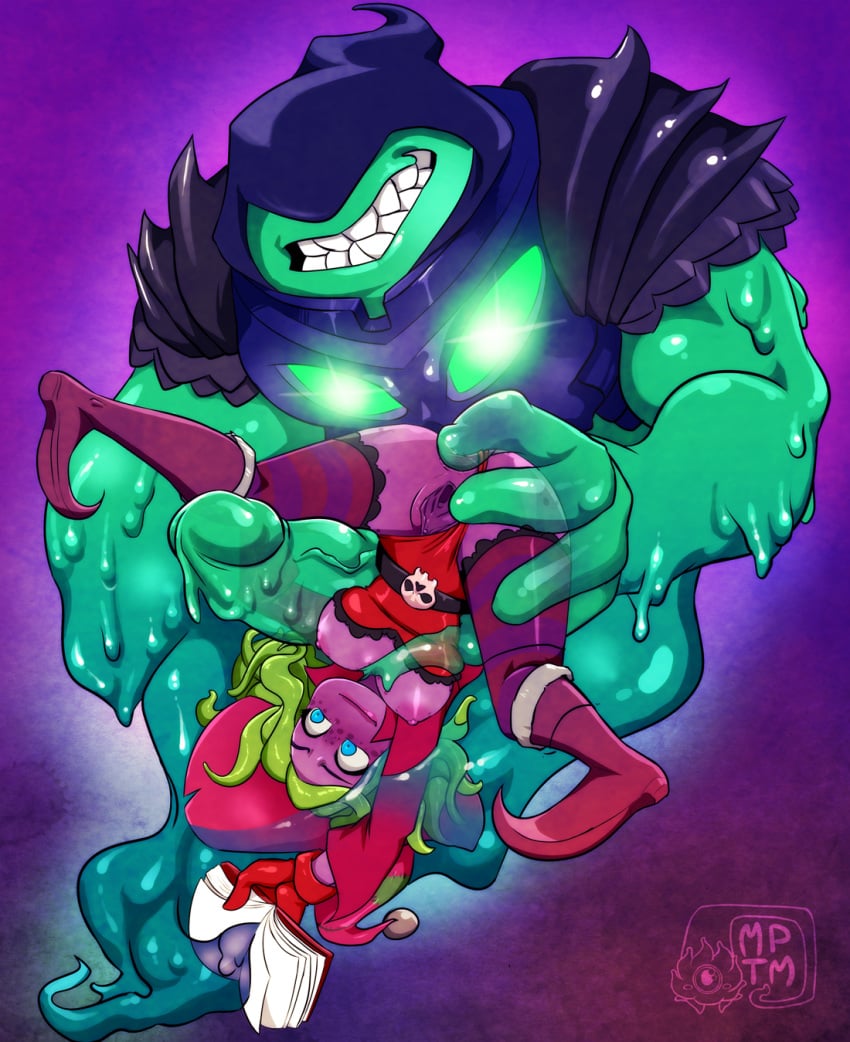 anal_fingering awesomenauts blue_eyes breasts coco_nebulon freckles gloves green_hair long_hair monster my_pet_tentacle_monster nipples penis purple_skin thighhighs