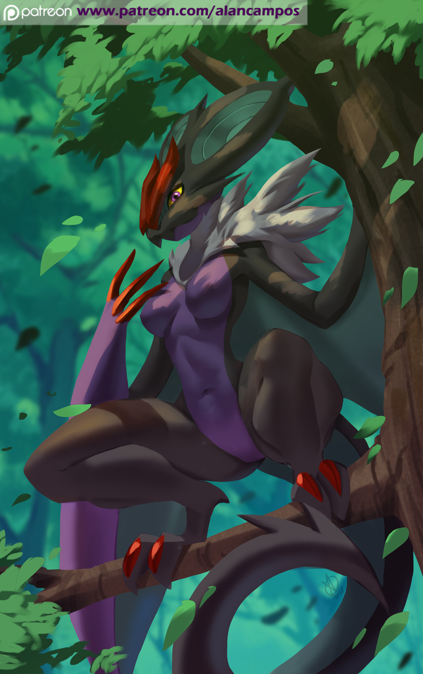 1girls 2018 2_toes 3_fingers alanscampos anthro ass bat big_ears black_skin breasts chest_tuft claws dragon ears eyelashes feet female female_only forest fur green_background holding looking_at_viewer navel nintendo no_nipples no_pussy noivern nude patreon playfurry pokemon pokemon_(species) pokemon_xy purple_eyes purple_skin scalie solo spread_legs squatting tail text thick_thighs tree url watermark white_fur wide_hips wings yellow_sclera