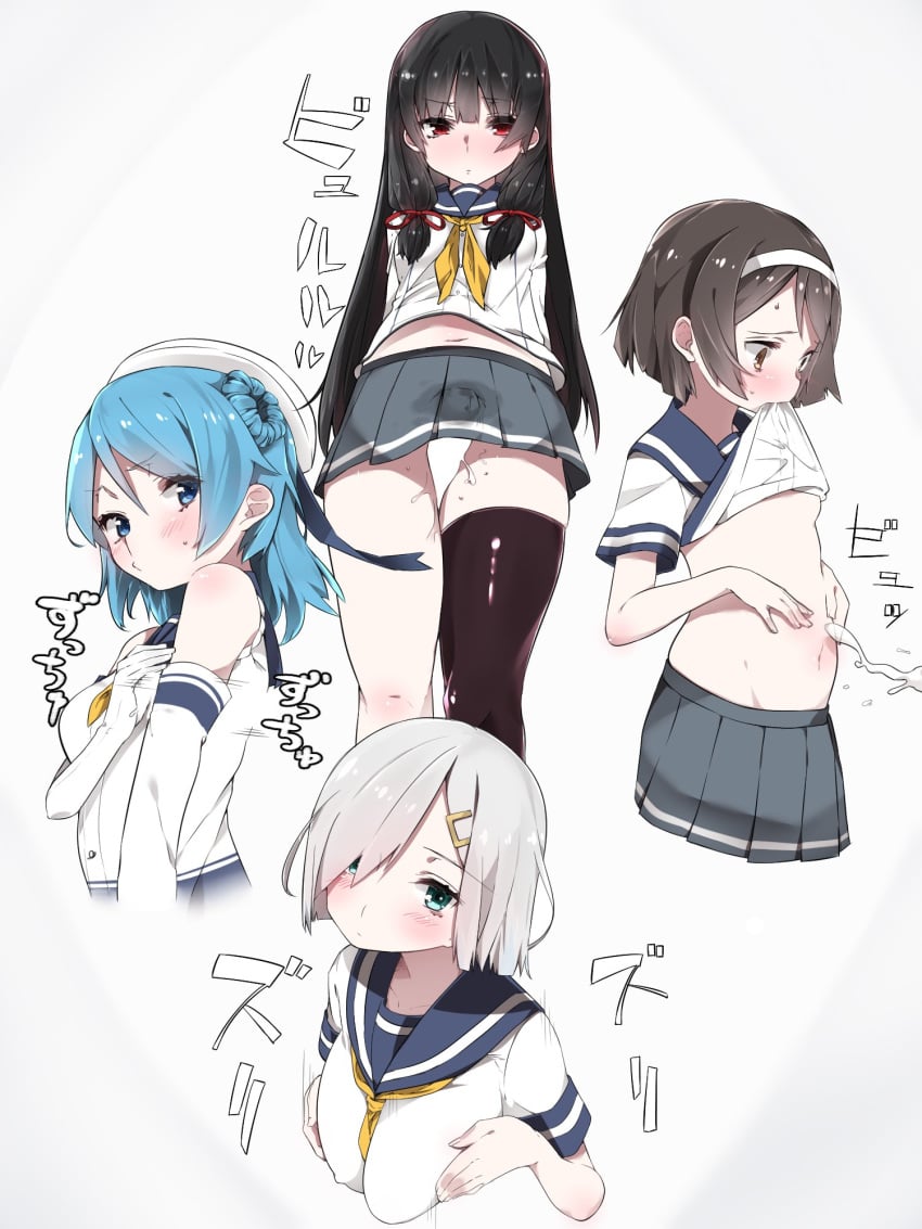 4girls armpit_sex black_hair black_legwear blue_eyes blue_hair blush breasts censored cum cum_on_body elbow_gloves gloves hamakaze_(kantai_collection) highres isokaze_(kantai_collection) kantai_collection long_hair mitsudoue multiple_girls outercourse penis school_uniform serafuku shirt_lift short_hair single_thighhigh skirt tanikaze_(kantai_collection) thigh_sex thighhighs urakaze_(kantai_collection)