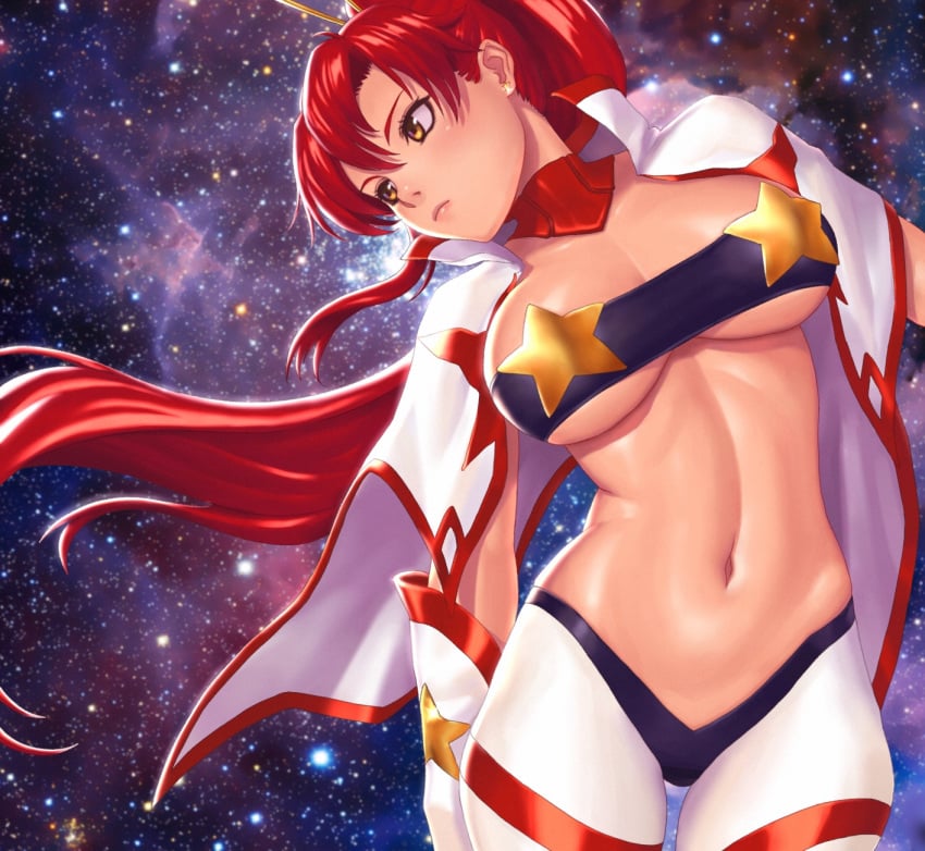 cleavage female navel ponytail red_hair seeker_(artist) solo space_yoko standing tengen_toppa_gurren_lagann tied_hair tubetop underboob yellow_eyes yoko_littner