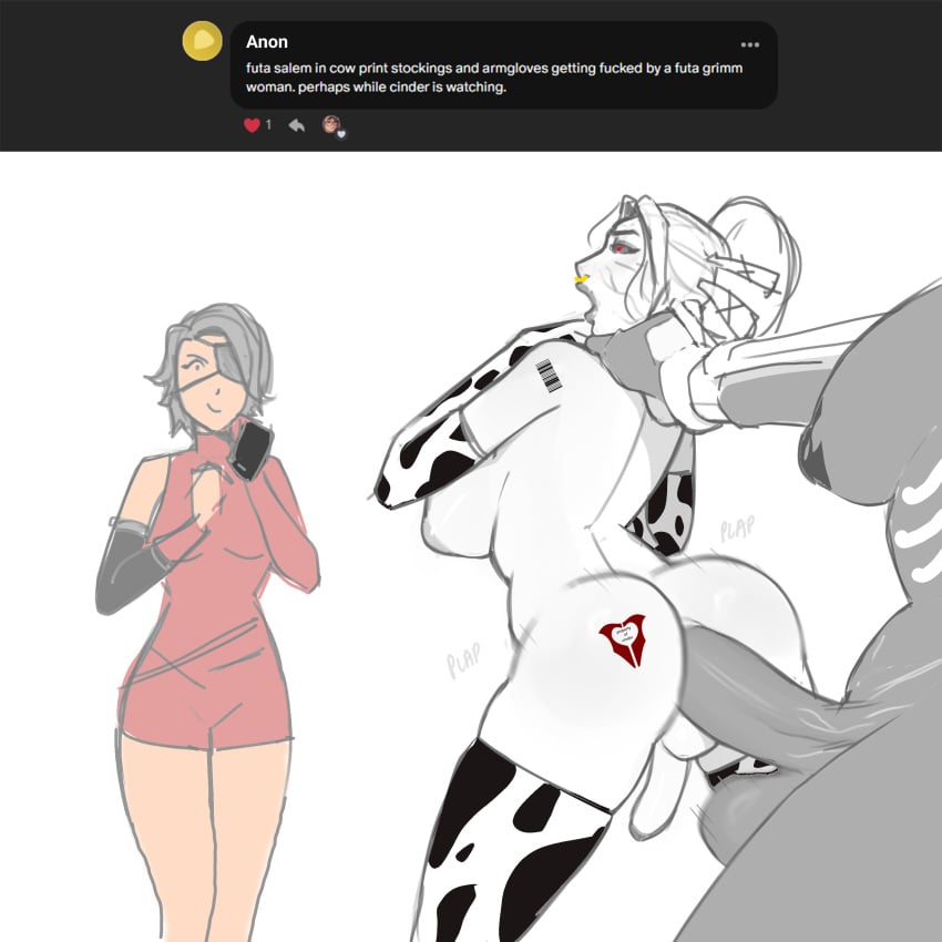 ahe_gao anal anal_insertion anal_sex anus armgloves ass balls barcode barcode_tattoo big_breasts big_dom_small_sub bigger_futa black_eyes black_hair black_sclera blackout_(artist) bones branding branding_mark breasts butt choke_hold choking cinder_fall cow cow_print cow_print_armwear cow_print_stockings cow_print_thighhighs cowgirl_outfit crest dark_lips dark_lipstick dark_skin dress edit edited exoskeleton eyepatch female femdom from_behind futa_on_futa futadom futanari futasub genitals grimm_(rwby) hair hair_bun hand_on_neck human_cattle intersex miniskirt mouth_open naked nipples nose_piercing nose_ring open_mouth pale_skin patreon patreon_reward penis piercing plap plapping property_tattoo red_eyes ribs rwby salem_(rwby) skindentation slave smile standing standing_doggy_style standing_sex stockings symbol_on_ass tall_futa taller_futa tattoo too_big too_big_for_anus watching watching_sex white_hair white_skin