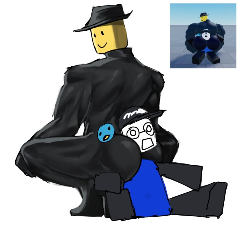 2boys ass big_butt black_outfit blocky_body broly_culo broly_culo_getting_choked_by_cheeks diantha_tha_dog dream_game fedora gay homosexual humor joke mafioso_(dream_game) male male/male male_only muscular muscular_male reference_image roblox roblox_game robloxian satire smile tagme