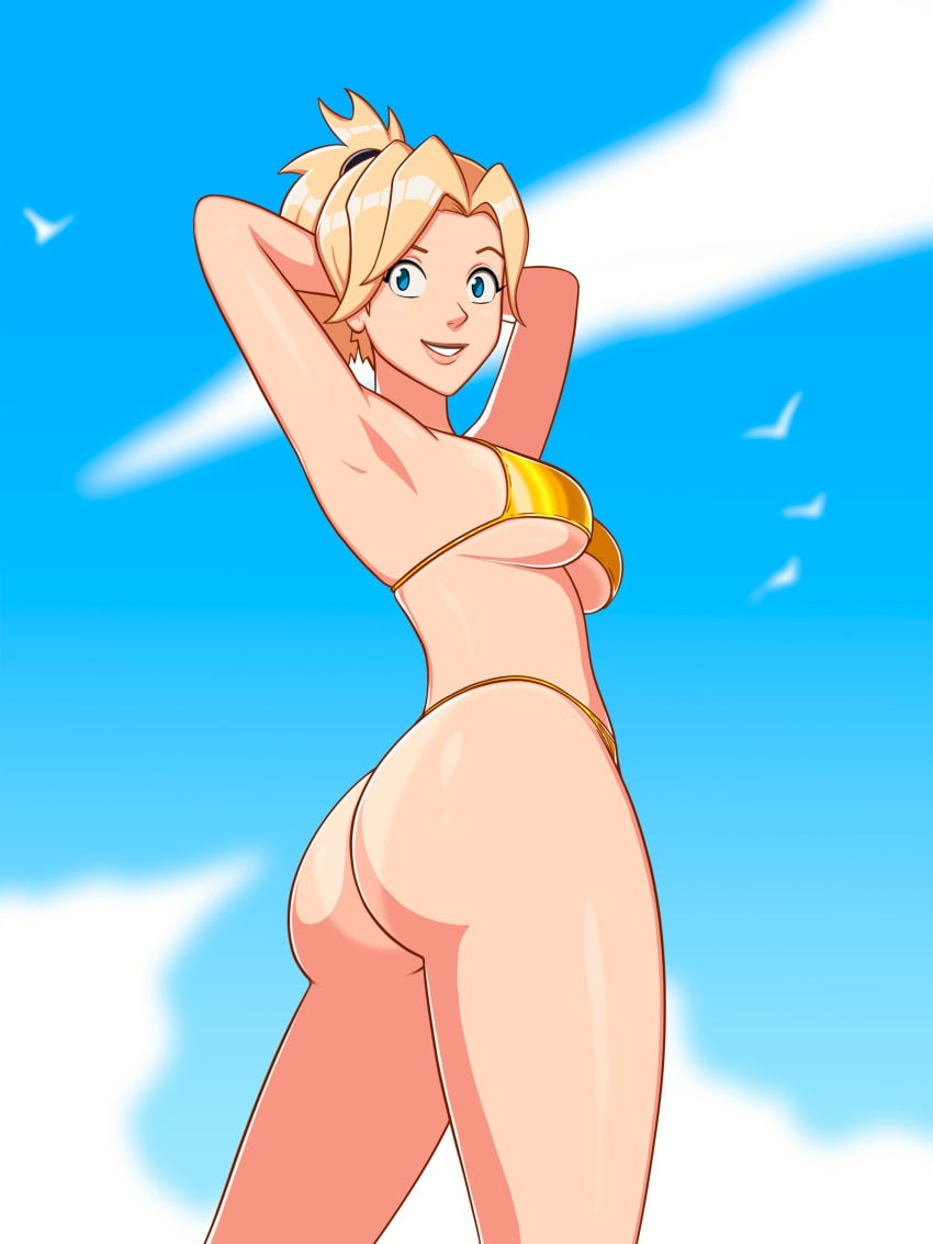 1girls big_breasts bikini blonde_hair breasts female female_focus female_only gold_bikini golden_bikini golden_week light-skinned_female mercy overwatch rear_view sinfulline