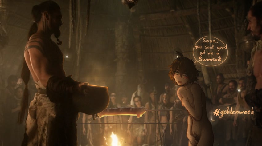 2boys :o a_song_of_ice_and_fire absurdres ahoge blush bowl brown_hair cat_baguette_(popopoka) completely_nude copyright_request covering_chest covering_privates female female_pubic_hair flat_chest freckles golden_week hair_between_eyes highres holding holding_bowl indoors khal_drogo multiple_boys nipples nude original people popopoka pubic_hair screenshot_inset short_hair sophie_(popopoka)