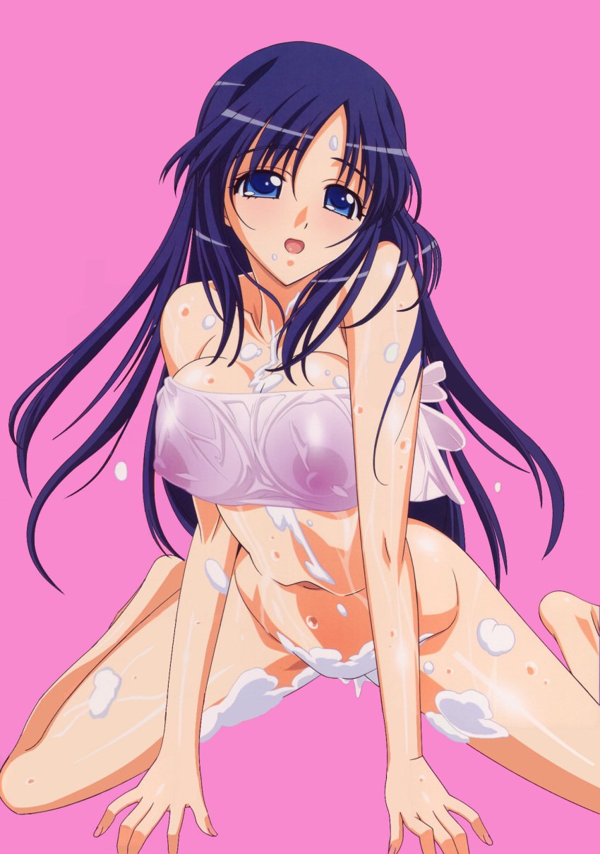 black_hair blue_eyes breasts copyright_request highres kuroda_kazuya large_breasts long_hair nipples pointy_chin see-through soap wet