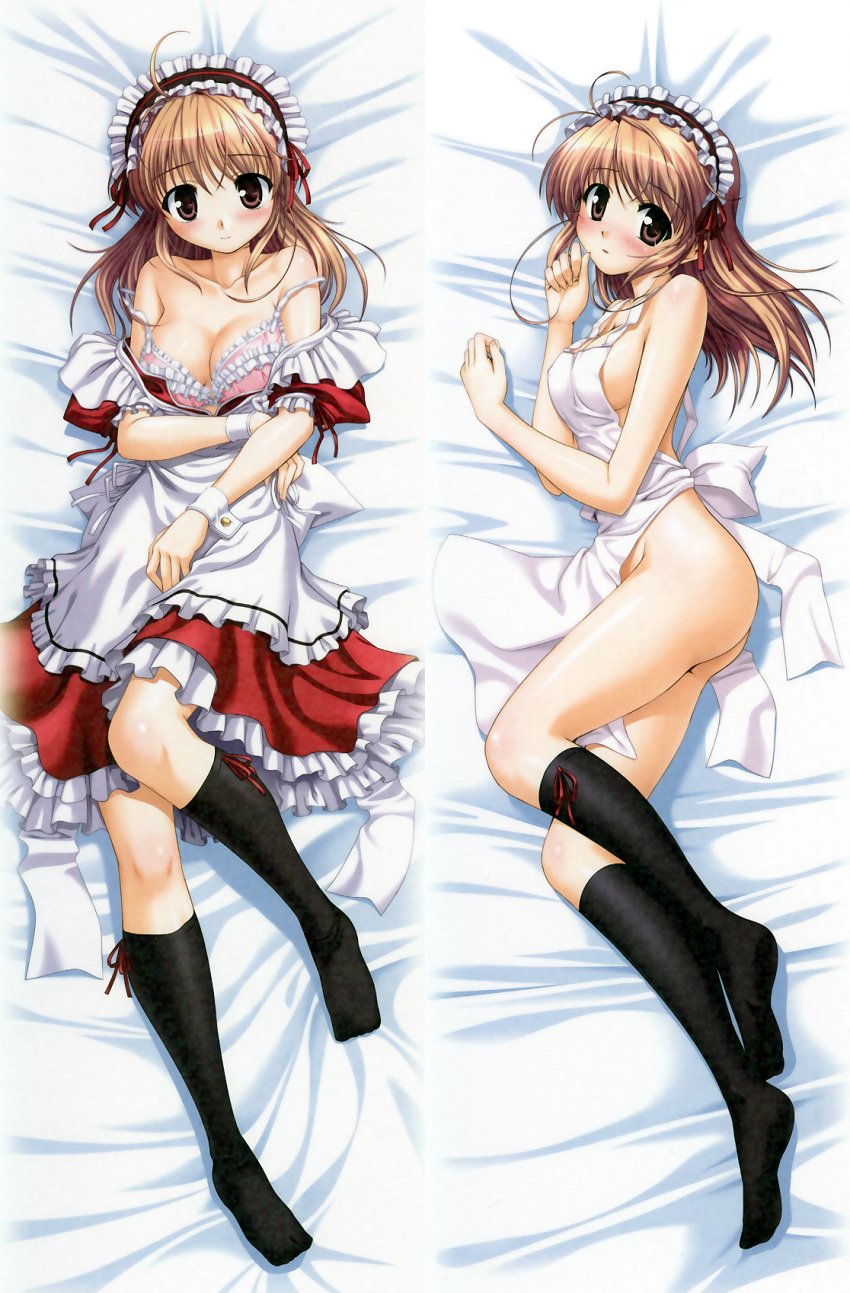 ass bed bekkankou blush bottomless bra breasts brown_eyes brown_hair cleavage dakimakura dress footwear fortune_arterial highres kneehighs lingerie maid medium_breasts naked_apron no_panties sideboob socks strap_slip thighhighs underwear wrist_cuffs yuuki_haruna