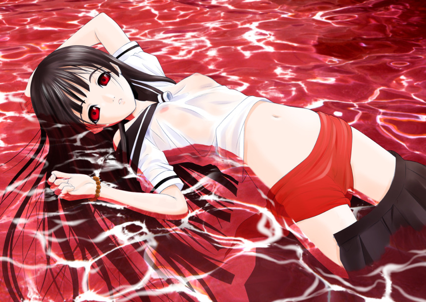 bangs black_hair blunt_bangs enma_ai floating hime_cut jigoku_shoujo long_hair red_eyes school_uniform see-through serafuku takeshita_kenjirou water