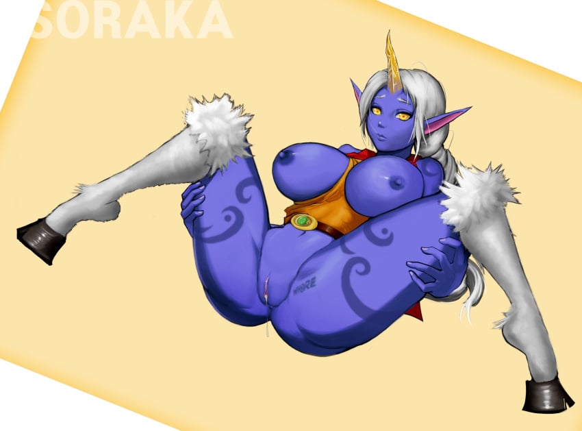 bandage blue_skin bracelet breasts cum cumdrip darkrumi hooves horn league_of_legends long_hair nipples pointy_ears ponytail pussy smooth_skin soraka spread_legs tattoo tied_hair white_hair yellow_eyes