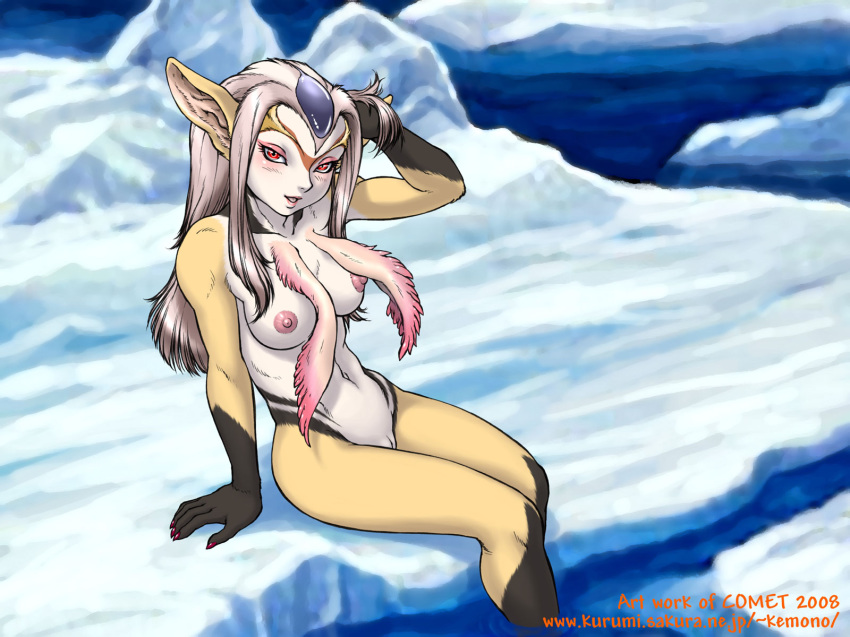 1girls animal_ear blue_submarine_no._6 breasts claws dr_comet female fur furry grey_hair highres humanoid ice kemono long_ear long_hair marine monster_girl mutio nail_polish nipples nude open_mouth outdoors outside pointy_ears pussy red_eyes silver_hair snow solo water white_hair yellow_skin zenra