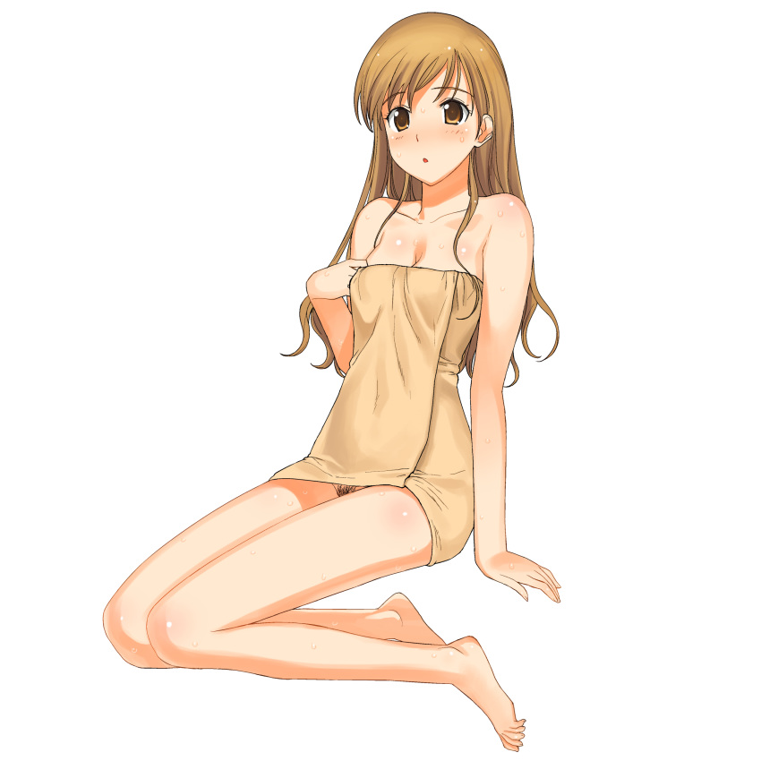 bare_shoulders barefoot blush brown_hair feet high_resolution maria-sama_ga_miteru naked_towel no_panties open_mouth orange_eyes pubic_hair pussy_peek shimako_toudou sitting toes towel wet