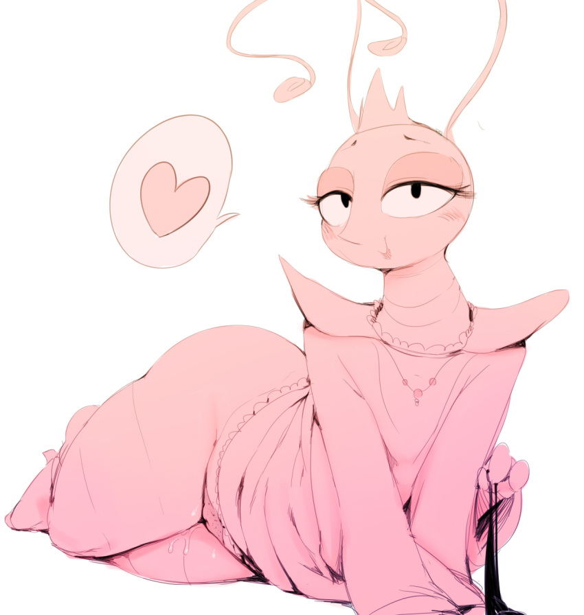 antennae arthropod blush bottomless clothed clothing crown divequest eyelashes female half-dressed heart hi_res insects pink_theme pussy pussy_juice smile solo speech_bubble sunibee