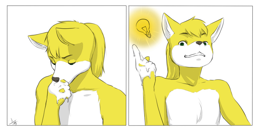 1boy 2015 anthro aogami bust_portrait canine cum cum_on_hand fox fur hi_res light_bulb looking_at_viewer male male_only mammal miles_yellow mileymouse nude solo thinking