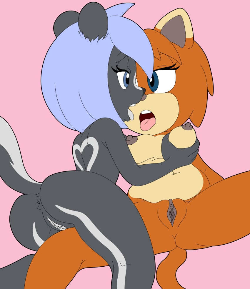 2015 absurd_res anthro audrey_skunk breast_grab breasts feline female hand_on_breast hi_res kissing mammal mileymouse nipples overweight pussy saskia_tabbs silvy_skunkette skunk slightly_chubby tabby the_other_half tongue tongue_out yuri