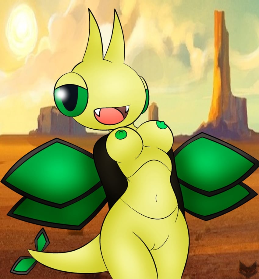 anthro areola arthropod breasts desert dragonfly fangs female furry-bites green_eyes hi_res horn insects navel nintendo nipples open_mouth outside pokemon pussy smile solo teeth vibrava video_games watermark wings zinzoa