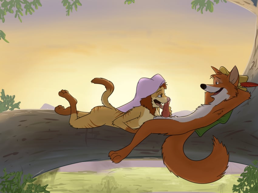 anthro canine disney duo eye_contact feathers female fox fur knot licking looking_at_another male mammal oral orange_fur paintfox penis penis_lick robin_hood_(character) robin_hood_(disney) sex straight sunset tongue tongue_out tree