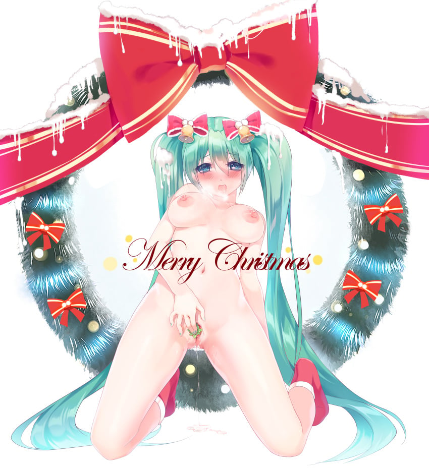 absurdres aqua_eyes bell blush breasts christmas christmas_wreath female green_hair hair_bell hair_ornament hatsune_miku highres hmniao kneeling long_hair looking_at_viewer merry_christmas nail_polish navel nipples nude open_mouth solo tied_hair twintails very_long_hair vocaloid white_background