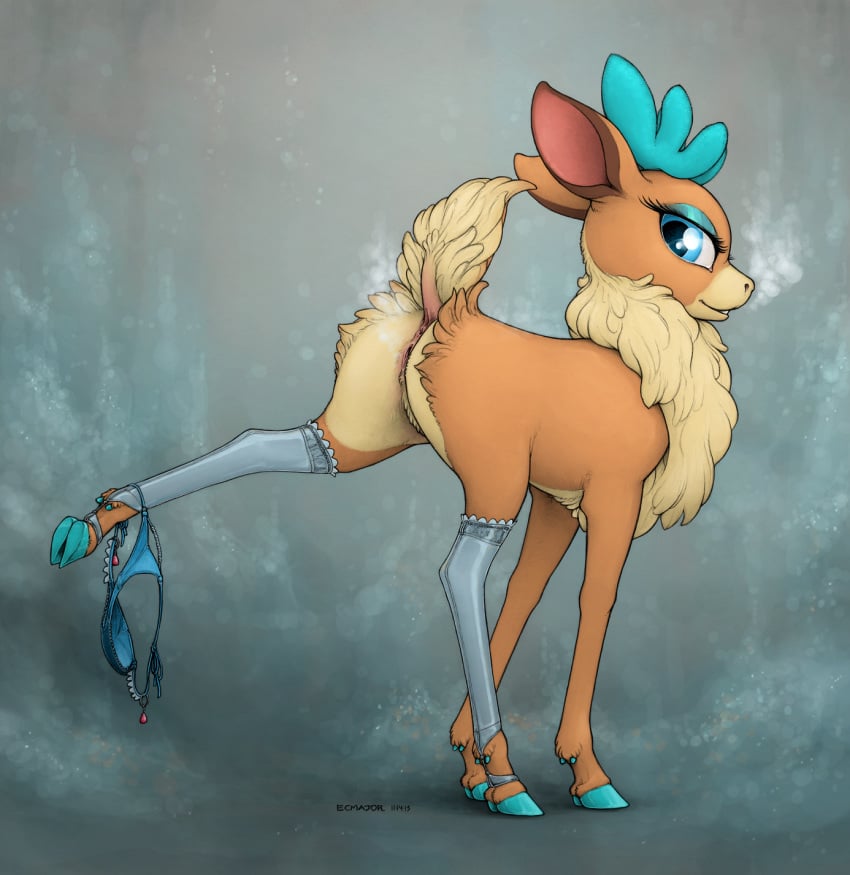 2015 anus ass blue_eyes cervine clothed_feral clothing ecmajor female feral fur hi_res hooves legwear lingerie looking_at_viewer mammal panties panties_around_one_leg piercing pussy raised_tail reindeer smile solo steam stockings them's_fightin'_herds thigh_highs underwear undressing velvet_reindeer_(tfh)