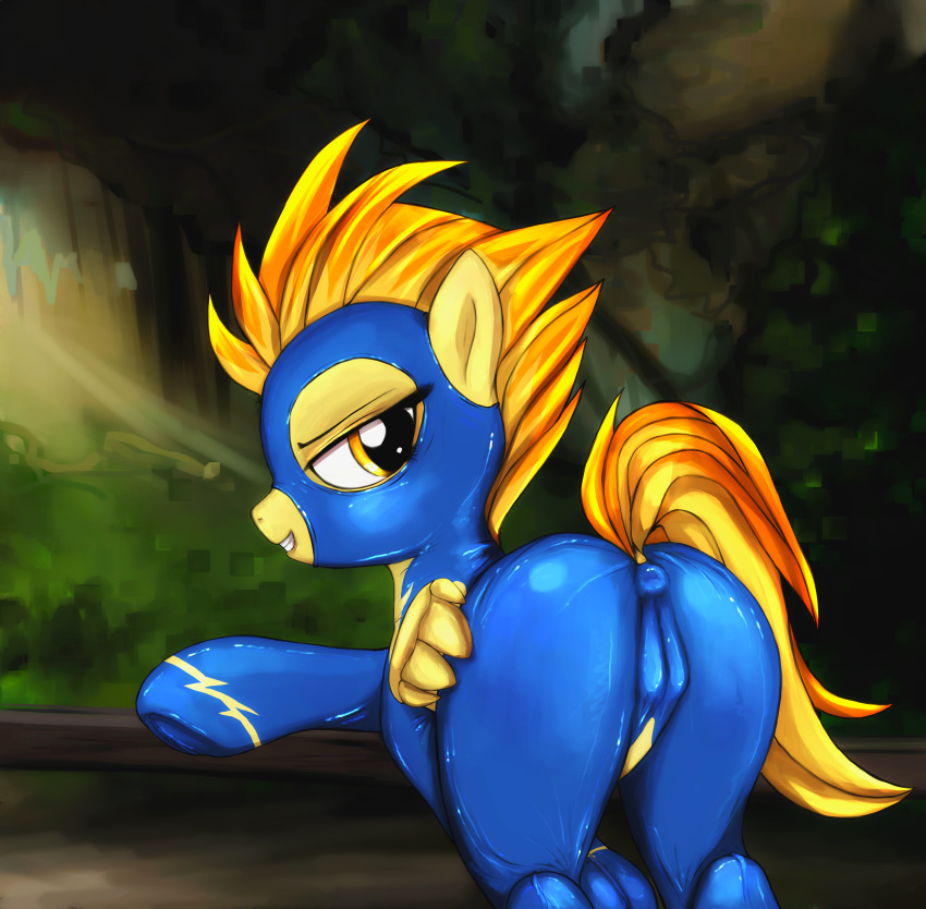 2015 absurd_res ass bodysuit cameltoe darkstylerz equine feathered_wings feathers female feral flight_suit friendship_is_magic grin hair half-closed_eyes hi_res mammal my_little_pony outside pegasus solo spitfire_(mlp) wings wonderbolts_(mlp) yellow_eyes