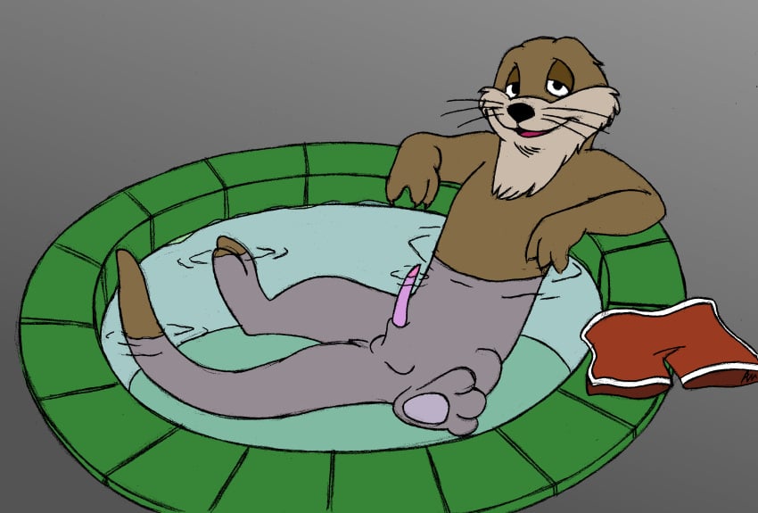 1boy animalympics anthro balls bedroom_eyes clothing dean_wilson discarded_clothing flat_colors half-closed_eyes looking_at_viewer male male_only mammal mizzyam mustelid nude otter partially_submerged penis reclining seductive sheath solo spread_legs spreading swimming_trunks swimsuit tapering_penis water whiskers