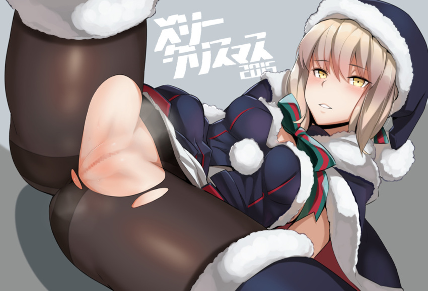 1girls anus artoria_pendragon artoria_pendragon_(alter) artoria_pendragon_(santa_rider_alter) ass black_legwear blonde_hair blush breasts cameltoe capelet censored christmas fate/grand_order fate_(series) female hair_over_one_eye hat large_breasts light_brown_hair looking_at_viewer lying mosaic_censoring netlk no_panties on_back pantyhose parted_lips purple_eyes pussy santa_costume santa_hat short_hair smile solo spread_legs sweat thighhighs thighhighs_over_pantyhose torn_clothes torn_pantyhose yellow_eyes