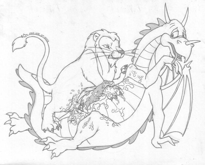 anal anal_sex animal_genitalia anthro balls clawdeen dragon feline feral genital_slit greyscale lion looking_away lying male mammal mizzyam monochrome on_back open_mouth pencil_(artwork) penetration quadruped reclining scalie sex she-ra_princess_of_power sheath signature size_difference slit small_dom_big_sub snarling sorrowful tongue tongue_out traditional_media_(artwork) whiskers yaoi