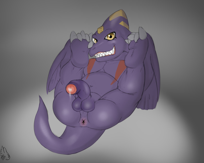 1boy anthro anus ass claws digimon dragon fangs feet front_view grab_between_toes grin half-erect humanoid_penis legs_up looking_at_viewer male male_only monodramon navel nude on_back partially_retracted_foreskin penis perineum precum presenting purple_skin red_skin scalie seyrmo sharp_teeth signature slightly_chubby smile solo spread_legs spreading tail teeth testicles text uncut wings