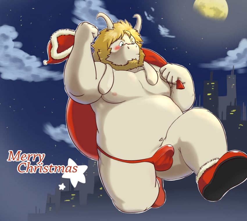 1boy 2d 5_fingers anthro anthro_male anthro_only asgore_dreemurr beard blonde_hair blush bulge caprine christmas clothing cloud facial_hair footwear fur furry furry_male furry_only goat hair holidays horn humanoid humanoid_male humanoid_only male male_only mammal mammal_humanoid moon navel obese overweight shoes solo thong undertale undertale_(series) video_games wdh3905 white_fur