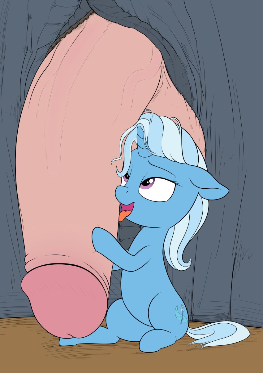 2015 absurd_res balls clothed clothes cutie_mark duo equine female feral friendship_is_magic hair hi_res horn human licking male mammal micro multicolored_hair my_little_pony open_mouth oral penis penis_lick sex straight tongue tongue_out trixie_(mlp) two_tone_hair unicorn zippysqrl