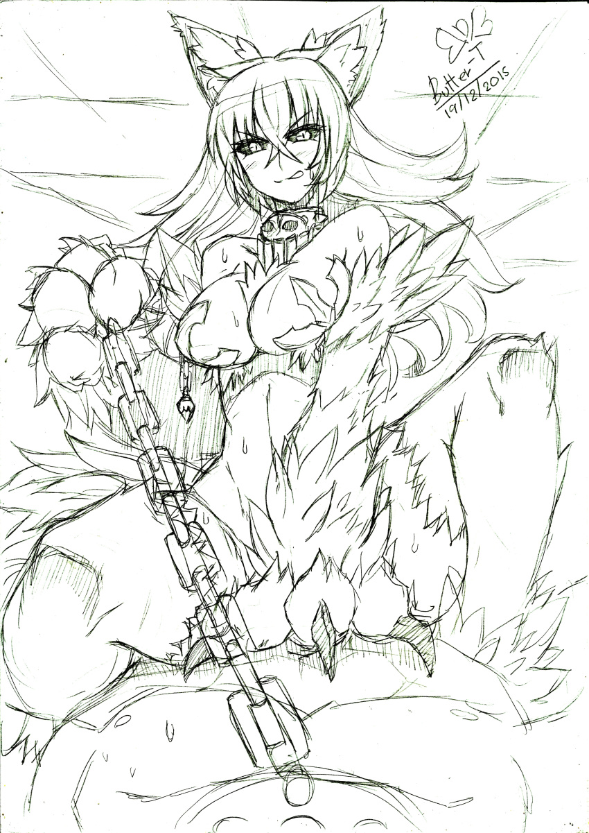 1boy 1girls animal_ears animal_hands animal_legs black_sclera breasts butter-t chain chains claws collar dated dominant dominant_female female femdom fur hair hellhound hellhound_(monster_girl_encyclopedia) long_hair male male_pov midriff monochrome monster_girl monster_girl_(genre) monster_girl_encyclopedia pov sex sketch submissive submissive_male submissive_pov thighs watermark