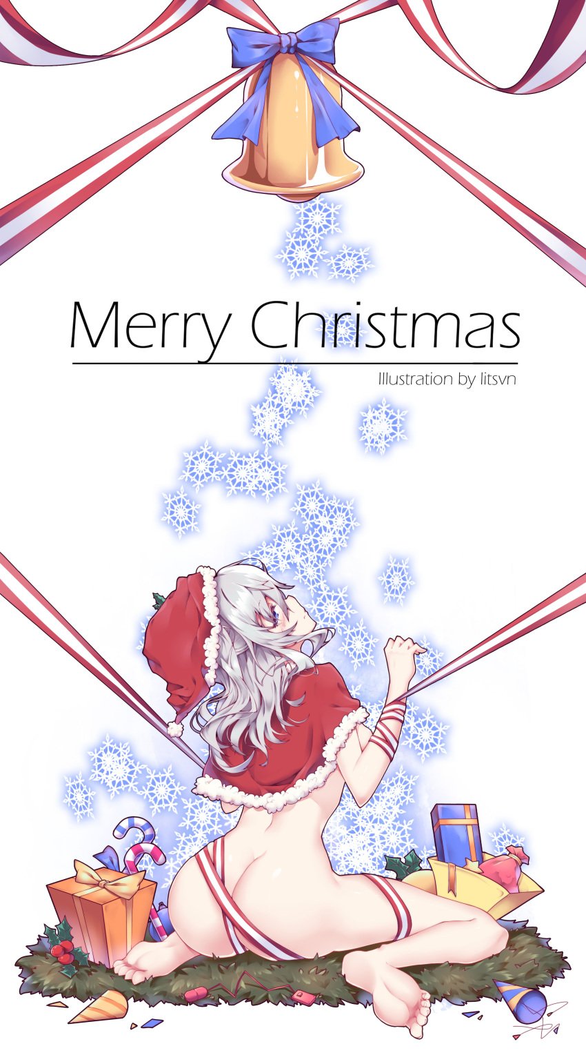 absurdres artist_name ass bare_shoulders barefoot bell blue_eyes blue_ribbon blush breasts candy candy_cane capelet christmas christmas_ornaments egg_vibrator feet female hat highres holly kantai_collection kashima_(kantai_collection) litsvn long_hair looking_back merry_christmas nude ribbon santa_hat sex_toy sideboob silver_hair sitting snowflakes solo star toenails toes vibrator wariza wavy_hair