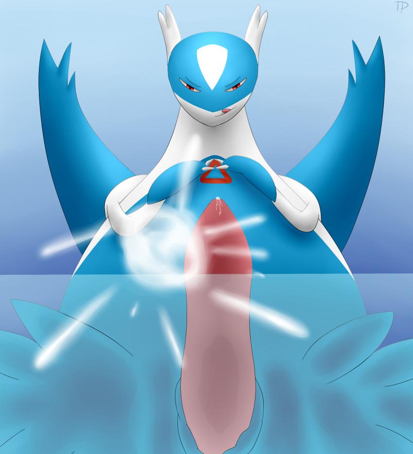 feral gradient_background latios legendary_pokemon looking_at_viewer low-angle_shot male nintendo nude on_glass penis pokemon pokemon_(species) precum simple_background solo testowepiwko tongue video_games worm's-eye_view