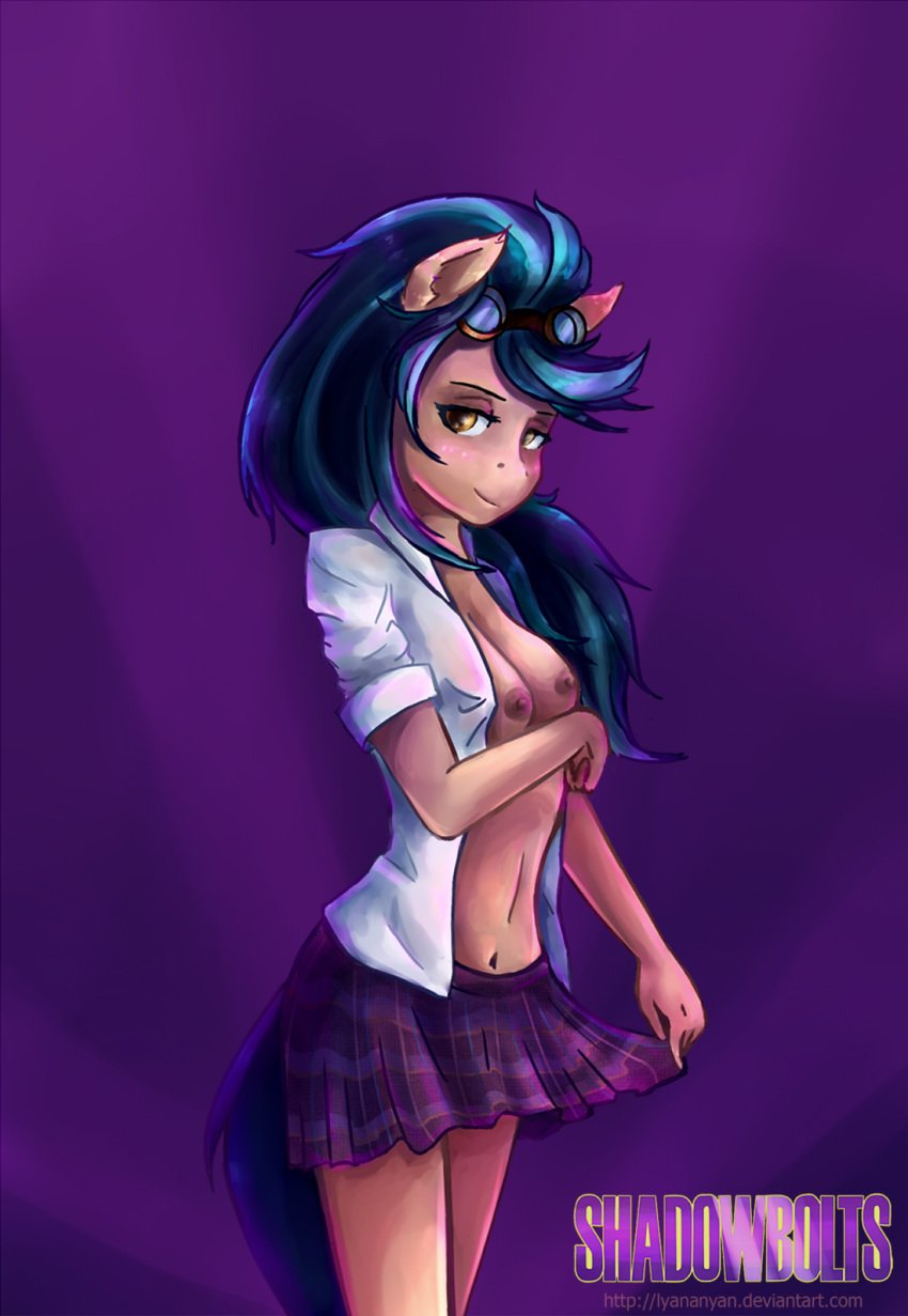 anthro blue_hair equestria_girls equine female friendship_is_magic furry goggles goggles_on_head indigo_zap long_hair looking_at_viewer lyananyan my_little_pony navel open_clothes open_shirt plaid plaid_skirt school_uniform skirt skirt_grab solo tail