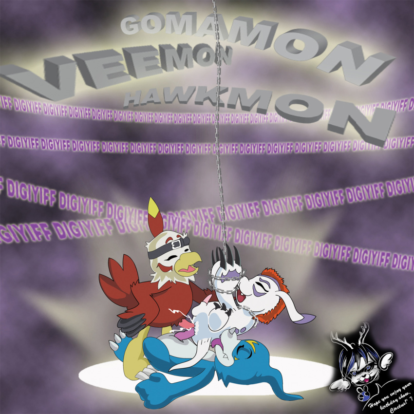 anal anal_sex blue_skin bondage bound digimon gomamon group hawkmon hi_res male penetration penis podamy sex veemon yaoi