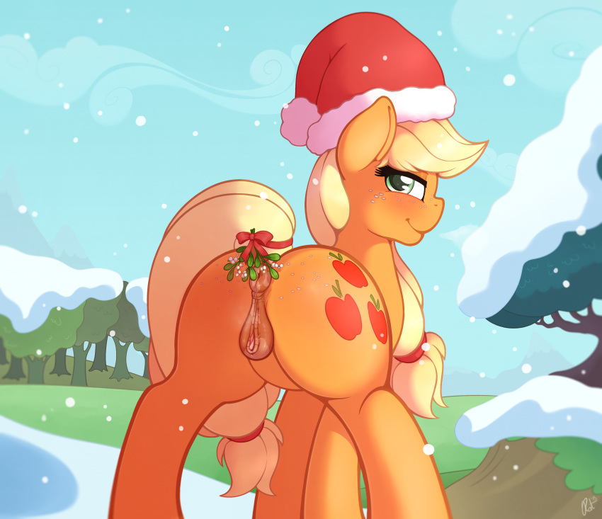 2015 animal_genitalia anus applejack_(mlp) ass blonde_hair blush christmas cutie_mark equine female feral freckles friendship_is_magic green_eyes hair hat hi_res holidays horse long_hair looking_at_viewer mammal my_little_pony outside pony pussy ratofdrawn santa_hat smile snow solo tree