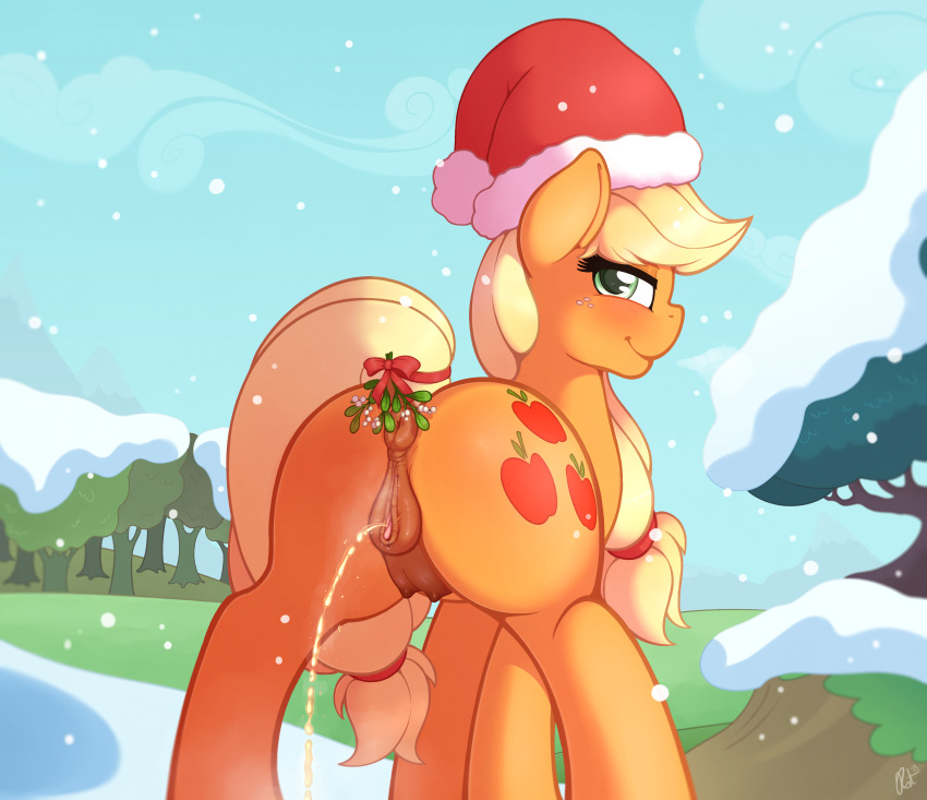 2015 absurd_res animal_genitalia anus applejack_(mlp) ass blonde_hair blush christmas cutie_mark equine female feral freckles friendship_is_magic green_eyes hair hat hi_res holidays horse long_hair looking_at_viewer mammal mistletoe my_little_pony outside peeing plant pony pussy ratofdrawn santa_hat smile snow solo teats tree urine watersports