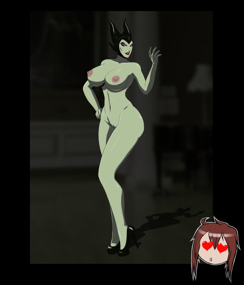 1girls arm_up arms big_breasts breasts disney disney_villains evil_grin female female_only full-length_portrait full_length green_skin hand_on_hip hands hard_nipples heels_only high_heels hips horns huge_breasts large_breasts legs lipstick maineim maleficent naked_footwear naked_heels nipples nude portrait pose posing pussy shadow sleeping_beauty_(1959_film) smile solo standing witch