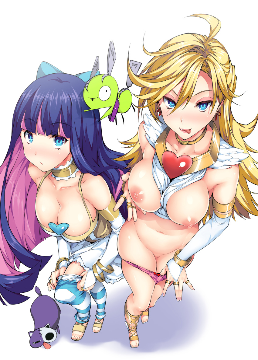 angel belly blonde_hair blue_eyes blush breasts choker chuck_(psg) duo female half-dressed honekoneko_(psg) hoop_earrings large_breasts looking_at_viewer nipple panties panty_&_stocking_with_garterbelt panty_anarchy purple_hair simple_background sisters smile stocking_anarchy thighhighs tosh_(artist)