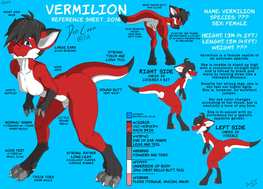 2015 anthro anus ass big_ears dinosaur doncoon_(artist) female fur hair lizard looking_at_viewer model_sheet playful presenting presenting_hindquarters presenting_pussy pussy raptor red_fur red_skin reptile scalie shy text vermilion_(character)