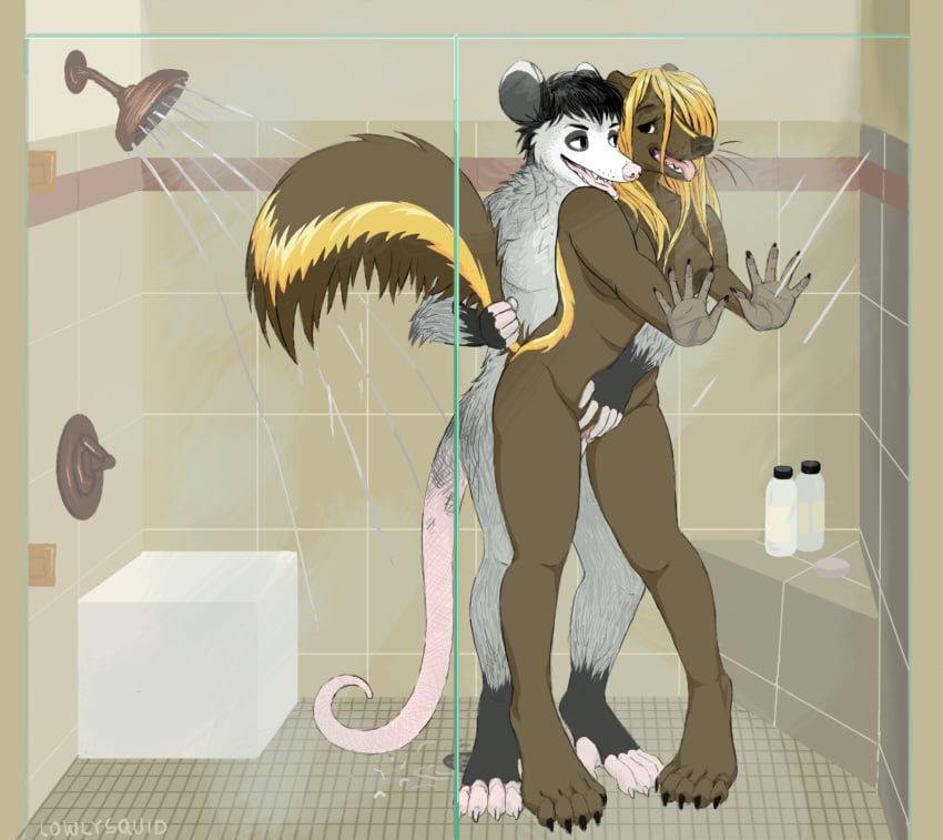 anthro blonde_hair couple cube fangs female from_behind glass hair lowlysquid male mammal marsupial masturbation mustelid opossum penis reach_around shampoo shower skunk standing straight tail_grab tile tongue