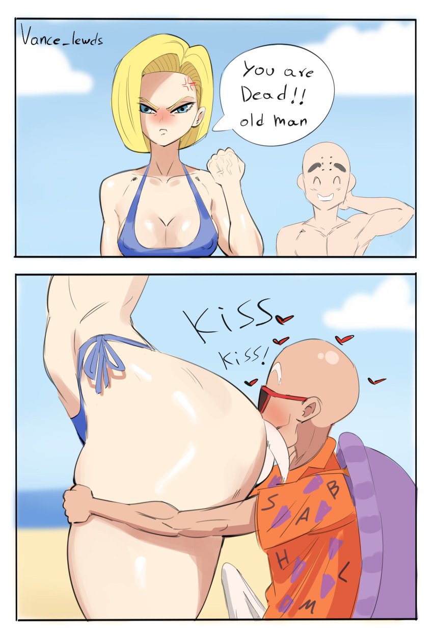 1girls 2boys android_18 angry_face ass_focus ass_grab bald bikini blue_eyes dragon_ball dragon_ball_super dragon_ball_z face_in_ass grabbing kissing_ass krillin kuririn master_roshi muten_roushi older_male smelling smiley_face vance_lewds yellow_hair