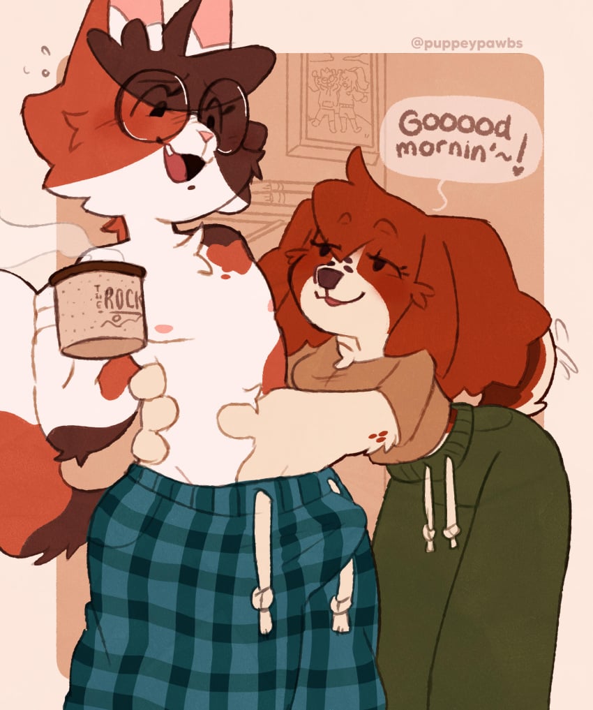 2025 anthro bedroom_eyes bird_dog bodily_fluids breasts calico_cat canid canine canis cheek_tuft chest_scar clothed clothing cocker_spaniel cute_fangs dialogue domestic_cat domestic_dog duo english_text eyewear facial_tuft fangs felid feline felis female femboy flying_sweatdrops fully_clothed glasses hair hand_on_hip hi_res holding_coffee hunting_dog imminent_sex male male/female mammal maple_(puppeypawbs) mastectomy_scar medium_breasts narrowed_eyes nipples open_mouth open_smile pajama_pants puppeypawbs round_glasses scar seductive short_hair smile spaniel speech_bubble sweat sweatdrop syrup_(puppeypawbs) tail tail_motion tailwag teeth tenting text topless trans_man transgender transmasc tuft watermark wearing_glasses