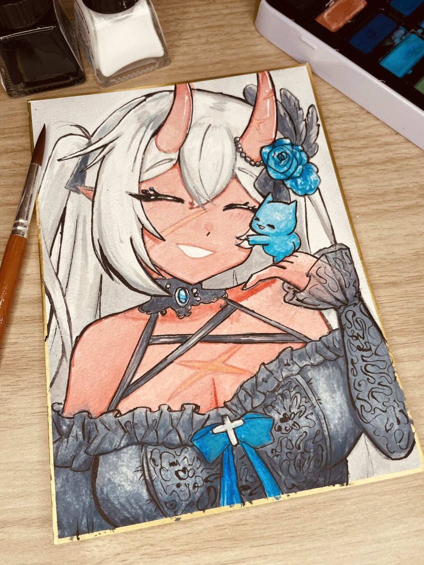 akumi bangs bare_shoulders black_choker blue_flower blue_rose blush breasts choker cleavage closed_eyes dark_skin eyebrows_visible_through_hair facing_viewer female flower hair_between_eyes hair_flower hair_ornament horns long_hair long_sleeves marker_(medium) oni oni_horns parted_lips photo photo_(object) pointy_ears rose sleeping smile solo table traditional_media upper_body virtual_youtuber vyugen watercolor_(medium) white_hair