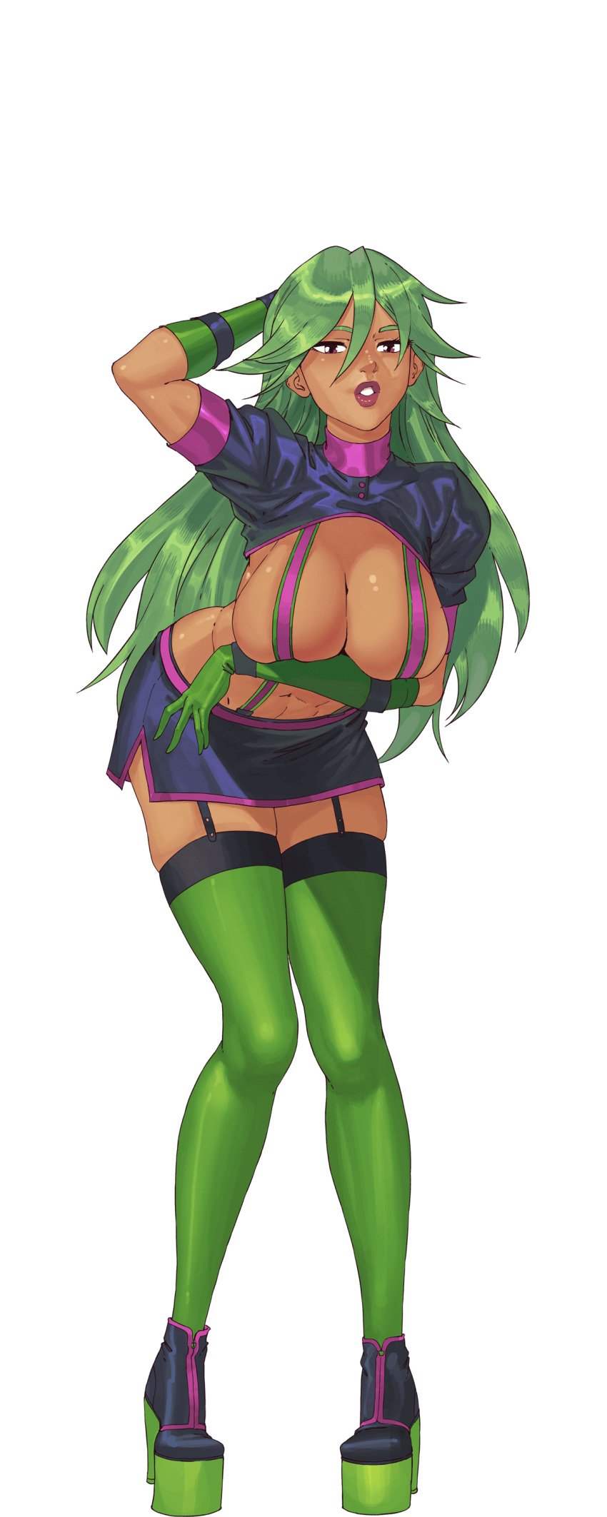 arianne_(hentai_heroes) arm_up black_background breasts cg cleavage dark-skinned_female dark_skin date_arianne_(hentai_heroes) female full_body garter_straps gloves green_gloves green_hair hair_between_eyes hentai_heroes kinkoid large_breasts leaning_forward lipstick long_hair looking_at_viewer makeup microskirt miniskirt navel official_art open_mouth parody poison revealing_clothes short_sleeves simple_background skirt solo teeth thighhighs transparent_background