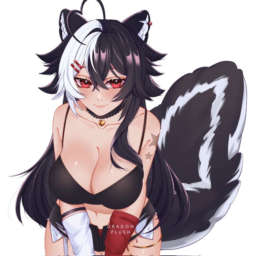 ahoge animal_ears antenna_hair artist_name bangs bare_shoulders black_choker black_hair blush breasts choker cleavage closed_mouth collarbone cowboy_shot cross crossed_bangs eyebrows_visible_through_hair female gloves hair_between_eyes hair_ornament hairclip jewelry large_breasts leaning_forward long_hair looking_at_viewer midriff mole momotexx_(vtuber) multicolored_hair navel panties red_eyes scar short_shorts shorts smile solo star_(symbol) stomach striped striped_background tail thigh_strap thighhighs underwear v_arms very_long_hair vyugen white_background wolf_ears wolf_tail