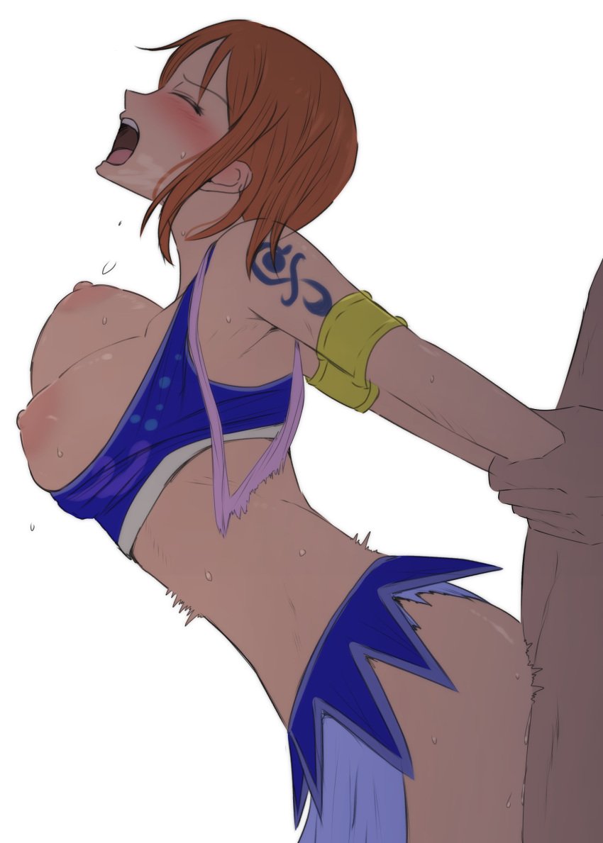 1boy 1girls 2025 arabasta_saga arm_pull arm_tattoo aroused ass belly_dancer belly_dancer_outfit big_breasts blue_tattoo blush bottomless breasts_out closed_eyes clothed_sex dancer_outfit female female_human femsub human human_male large_breasts lelie light-skinned_female looking_pleasured male medium_hair moaning nami_(one_piece) nipples one_piece open_mouth orange_hair orange_hair_female plap pre-timeskip prison_guard_position questionable_consent screaming sex sex_from_behind skimpy skimpy_clothes skirt slim_waist standing_sex tattoo tattooed_arm teenage_girl teenager thrusting unseen_male_face vaginal_penetration weekly_shonen_jump white_background wrist_grab