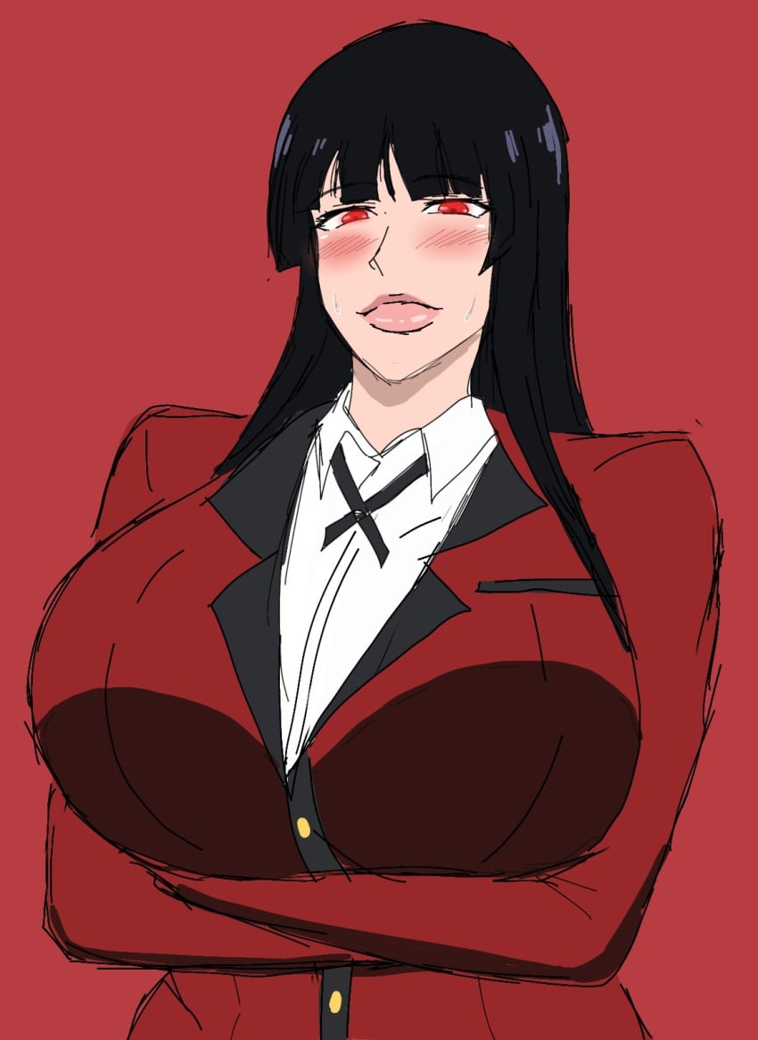 1girls 2d 2d_(artwork) arms_crossed arms_crossed_under_breasts black_hair blush blush blushing_at_viewer breasts clothed_female digital_drawing_(artwork) digital_media_(artwork) female female_focus female_only glowing_eyes jabami_yumeko kakegurui kissable_lips large_breasts light_skin light_skinned_female lips looking_at_viewer momiji_(artist) pink_lips red_background red_clothing red_eyes smiling_at_viewer sweat sweatdrop